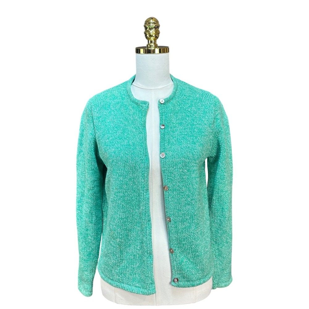LL Bean Womens Seafoam Green Marled‎ Cotton Shaker Knit Cardigan Sweater Small